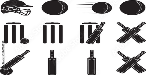 Professional cricket sport equipment icons set showing game gear with sports icons cricket ball cricket bat