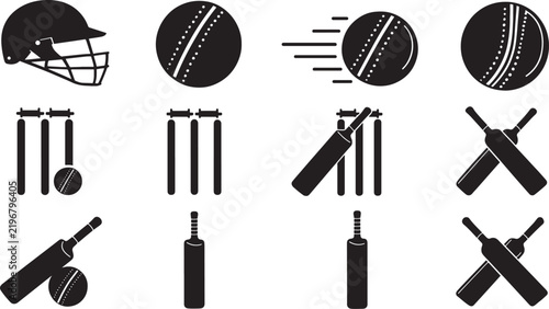 Cricket sport icons set including equipment like bats balls and wickets with cricket bat cricket ball cricket helmet cricket wicket
