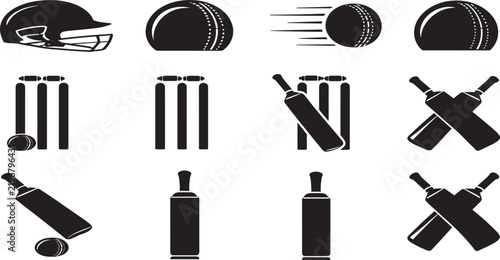 Collection of black and white cricket sport icons with bats and balls cricket ball cricket bat cricket gear sport equipment vector set