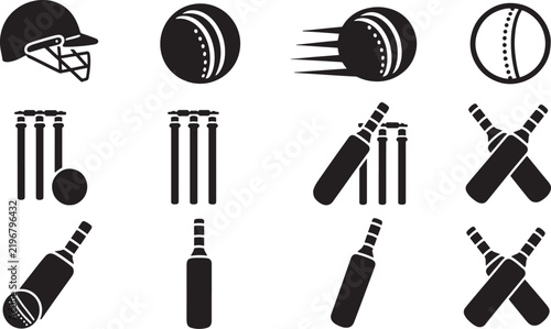 Set of black cricket sport icons including balls bats wickets and helmet with cricket ball cricket bat cricket wicket sport equipment