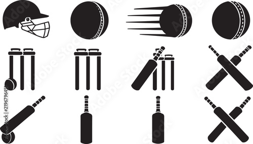 Set of cricket game icons featuring bats balls and wickets silhouettes cricket sport cricket ball cricket bat cricket equipment