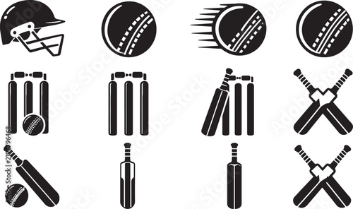 Black silhouette cricket sport icon set with gear and game equipment cricket icons cricket ball cricket bat vector icons graphic symbol