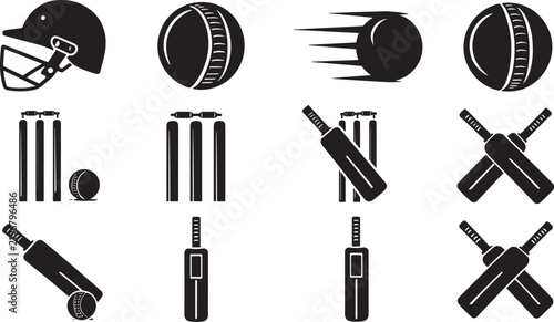 Cricket sport equipment icon set with bats balls and wickets cricket icons cricket ball cricket bat sport gear vector set graphic desi