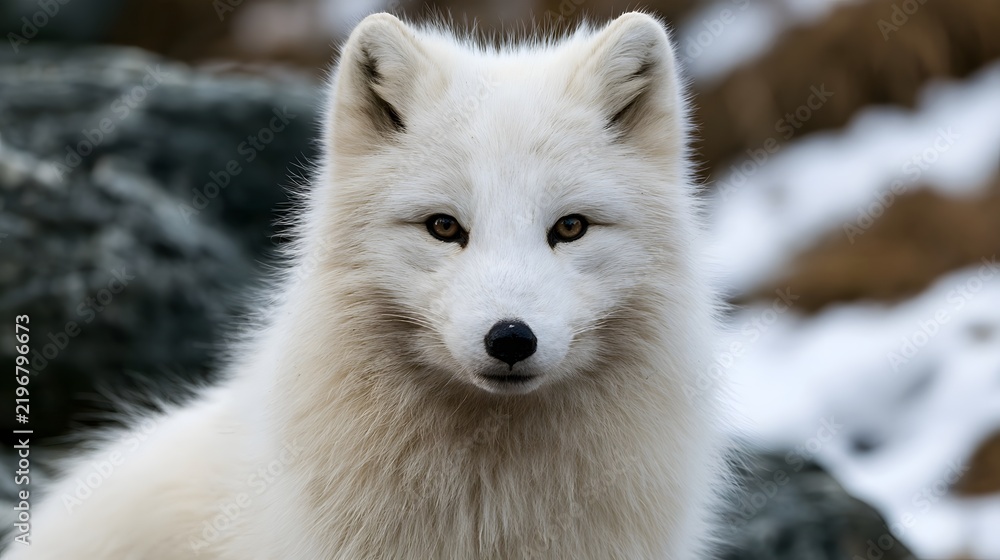 Obraz premium A close up portrait of a white fox with alert ears and amber eyes set against a snowy and rocky background