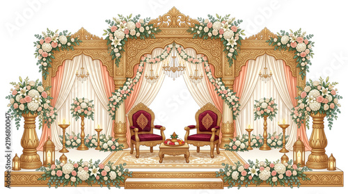 Traditional Indian wedding stage with golden mandap, ornate floral decorations for marriage ceremony, elegant royal reception backdrop with velvet chairs isolated PNG with Transparent Background