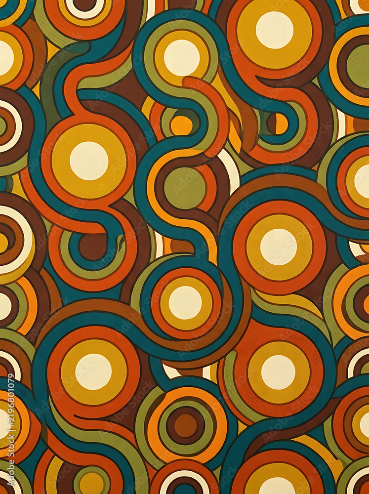 Retro 1970s style seamless pattern with overlapping circular rings and curved lines