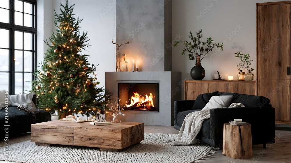 Fototapeta premium Cozy modern living room with a lit fireplace decorated Christmas tree and dark sofas under warm ambient lighting
