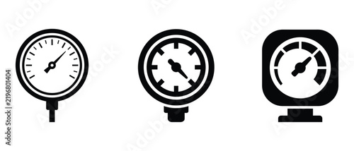 pressure gauges or measurement devices each with a dial and needle indicating a reading suitable for technical illustration or design projects