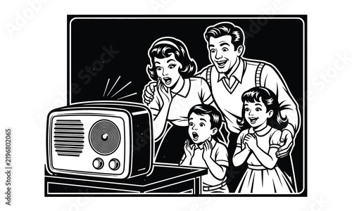 Retro family looking surprised and happy while listening to a radio