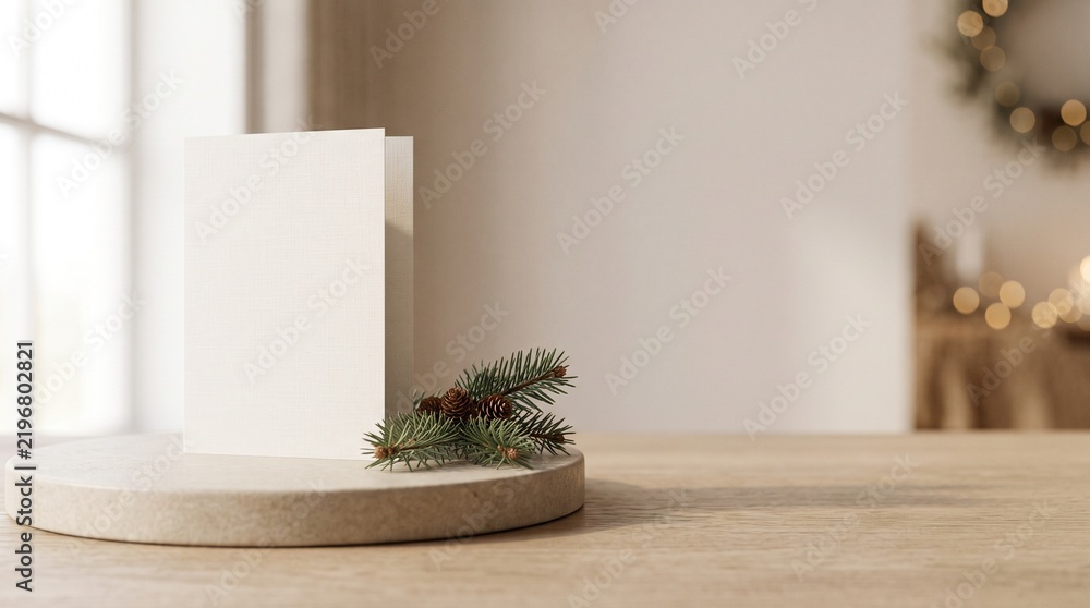 Fototapeta premium Blank greeting card on a wooden pedestal with pine branches and copy space
