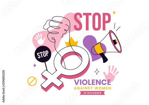 Stop Violence Against Women Vector Illustration Featuring Women's Rights, Gender Equality, Safety, Awareness, Empowerment, and Anti Violence Campaign