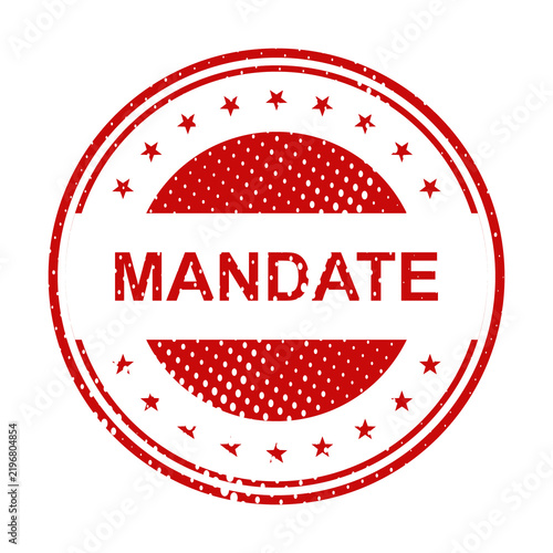 Red circular mandate stamp with geometric border illustration