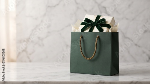 Dark green shopping bag with a gift box and velvet ribbon on marble surface