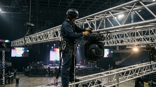 A professional stage technician working on lighting equipment suspended high above a concert venue arena.