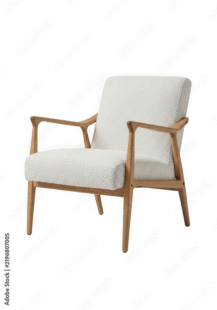 Obraz premium Modern armchair with white textured upholstery and wooden frame isolated on transparent