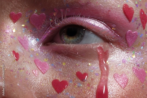 Close-up of a woman's face with heart-shaped decorations and pink makeup creating a romantic and artistic expression.