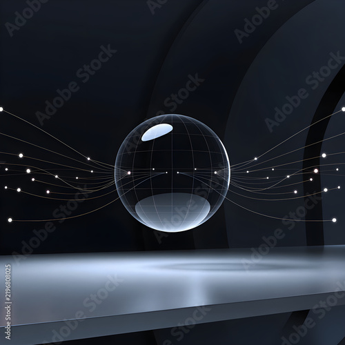 Clear glass sphere floating with glowing gold particles