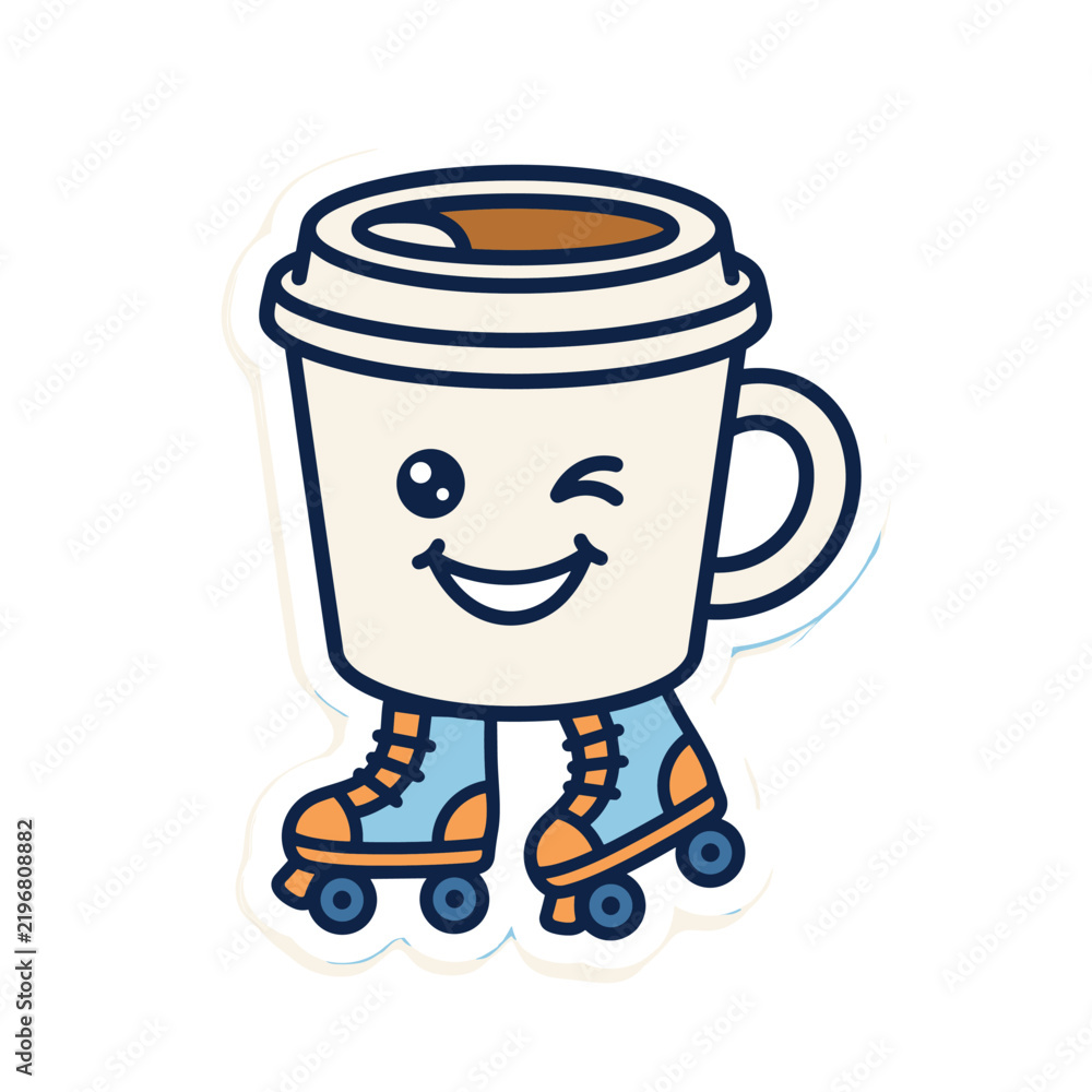 Obraz premium Cute coffee cup character with a winking smiley face and roller skates, fun flat vector icon in sticker style with thick outline, solid colors, playful and energetic mood