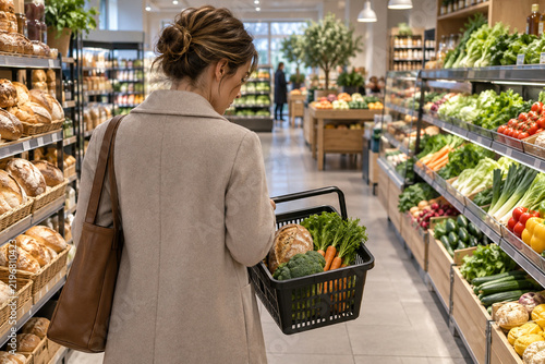 Frau betrachtet ihren Lebensmitteleinkauf im Supermarkt