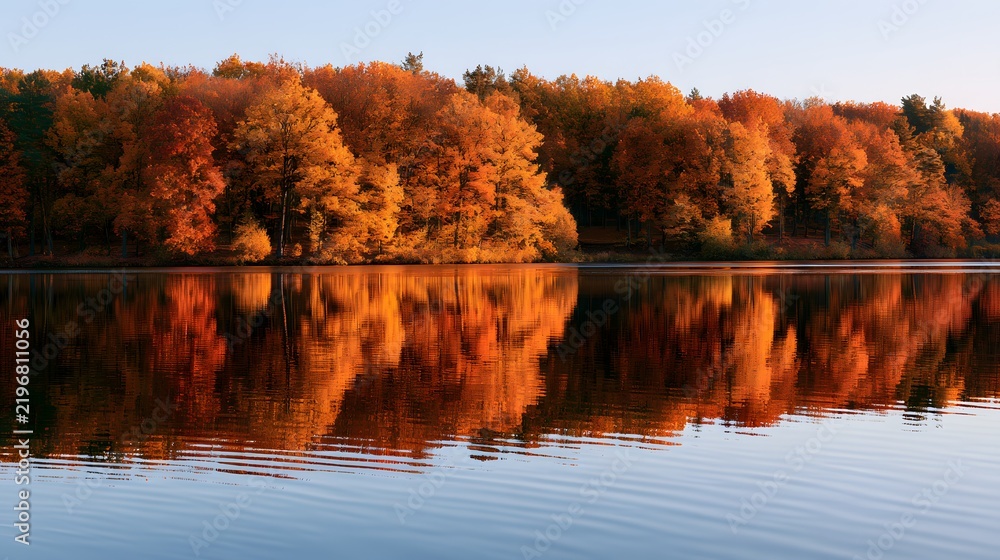 Obraz premium Autumn forest with colorful trees reflecting in calm lake water
