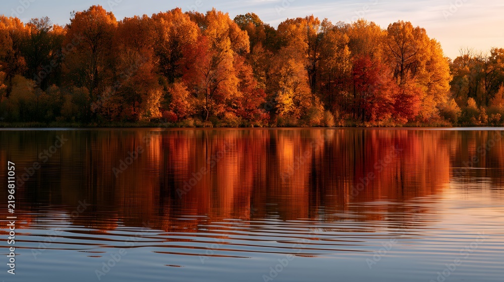 Obraz premium Autumn forest and calm lake water with rippled reflections of colorful trees