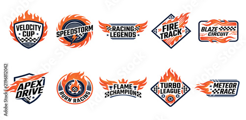 Flame stickers. Racing car flames emblem. Decal for race cars, motorcycles, vehicles. Classic hot rod flame motifs. Fire sport champions patch, team labels. Flammable shape vector set