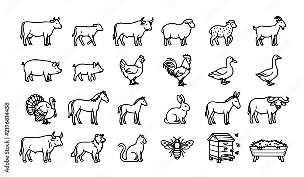 Obraz premium Farm Animals Livestock and Agriculture Outline Vector Icon Collection