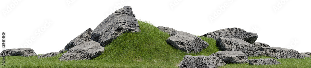 Obraz premium Wild natural rock garden and grassy hillock on transparent PNG background, detailed 3D render element