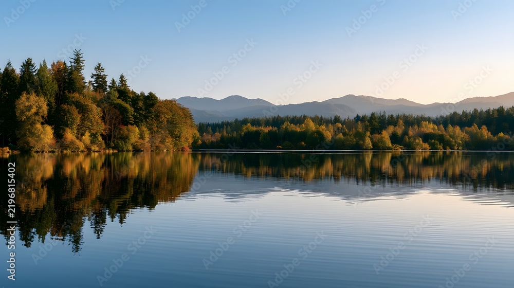 Obraz premium Tranquil autumn lake with colorful forest and distant mountains
