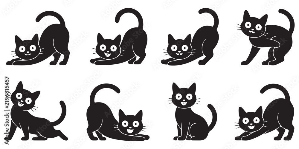 Obraz premium set of playful black cartoon cats in different poses, graphic vector art perfect for children's books or website design elements.