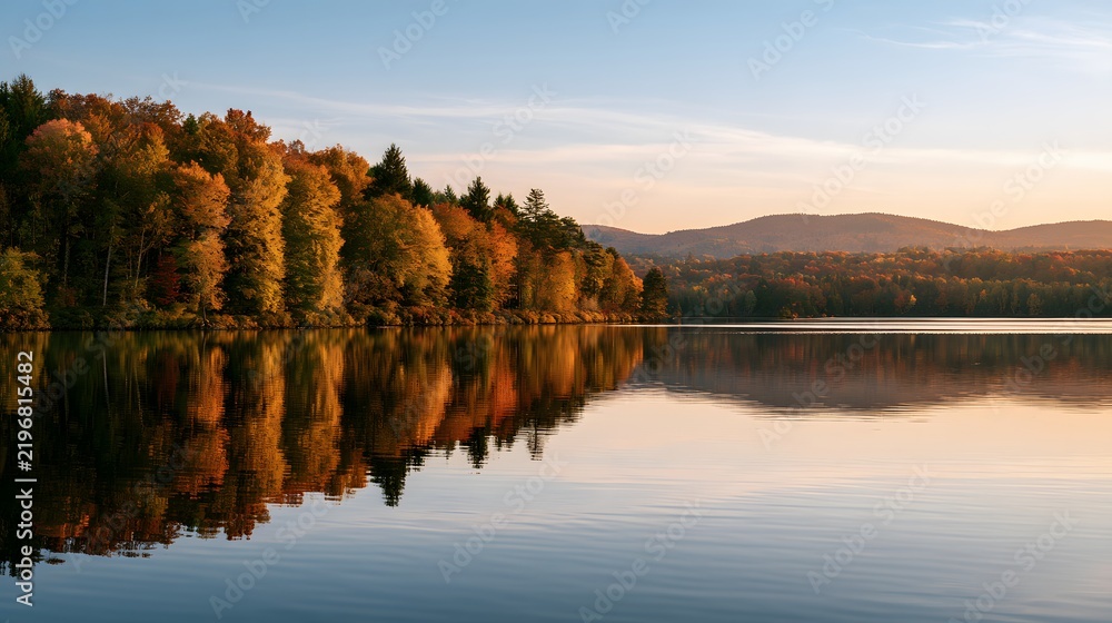 Fototapeta premium Autumn landscape with colorful trees along a tranquil lake reflecting the sunset in the mountains