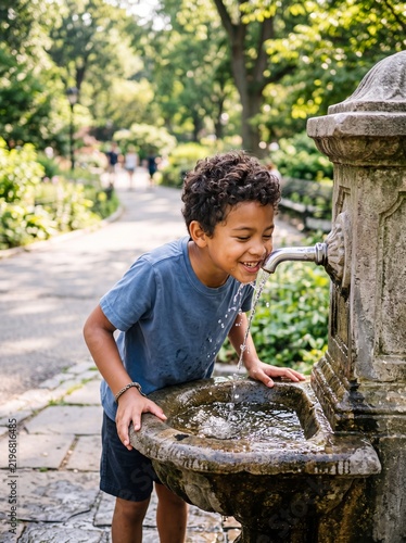 Mixed-ethnicity boy drinking fresh water from park fountain