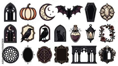 Gothic Halloween vector icon set, spooky dark magic elements and occult symbols, vintage gothic frames and witchcraft illustrations