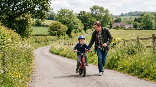 Father teaches son to ride bicycle on country road surrounded by green fields and trees