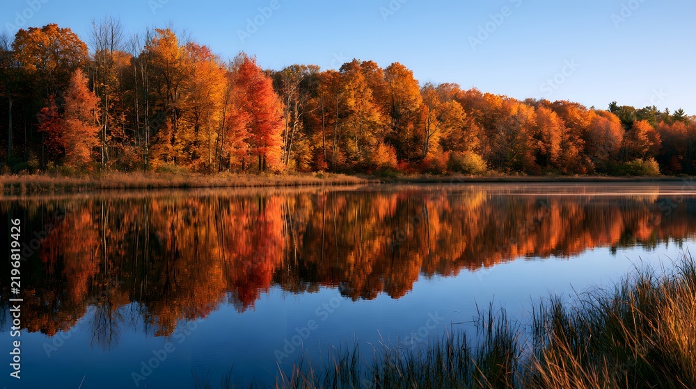 Obraz premium Autumn forest with vibrant fall foliage reflecting in a calm lake at sunrise