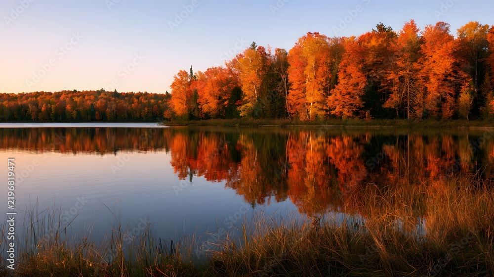 Obraz premium Scenic autumn landscape with colorful trees mirroring on a quiet lake surface