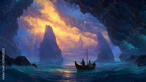 Small wooden boat carrying two people glides through a mysterious sea cave beneath glowing golden lights. 