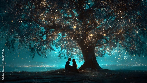 Romantic couple sits beneath a glowing tree surrounded by sparkling lights against a deep blue night. 