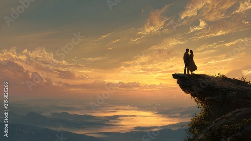 Romantic couple stands on a cliff overlooking majestic mountains beneath a warm golden sunset sky. 