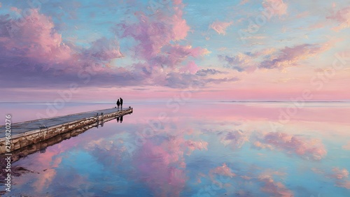 Two people stand on a white pier above calm water beneath soft pink evening clouds. 