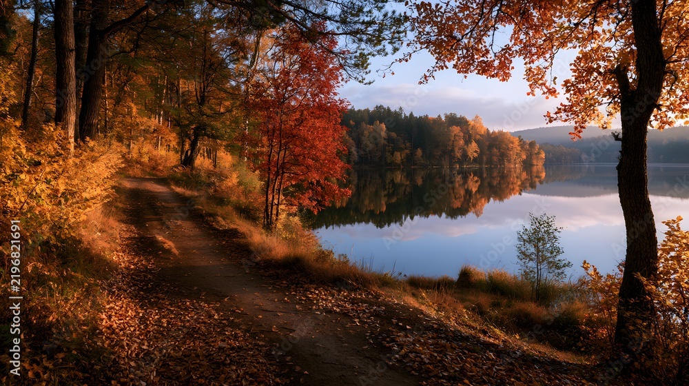 Fototapeta premium Autumn forest pathway winding along a serene lake with colorful foliage and calm water reflections
