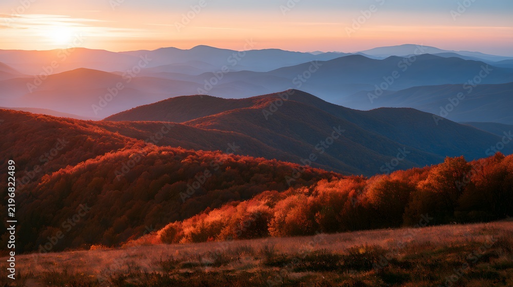 Obraz premium Sunset over colorful autumn mountain range with golden light on forest ridges and blue valleys