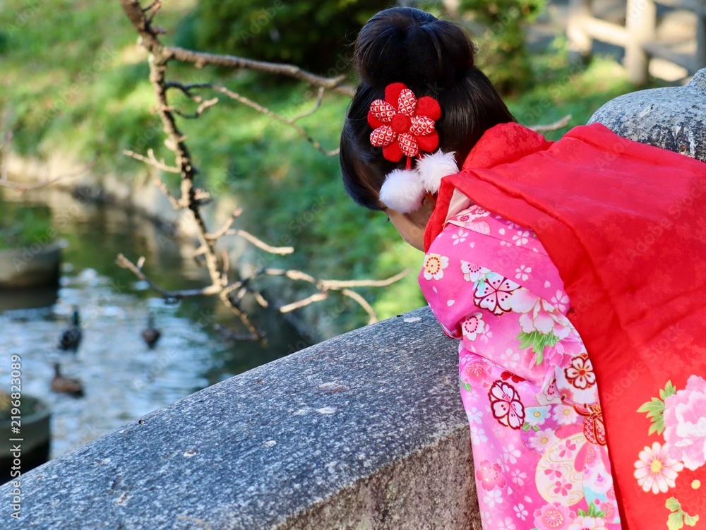 Photography Poster 七五三の着物を着た3歳の女の子が神社の参道で小川