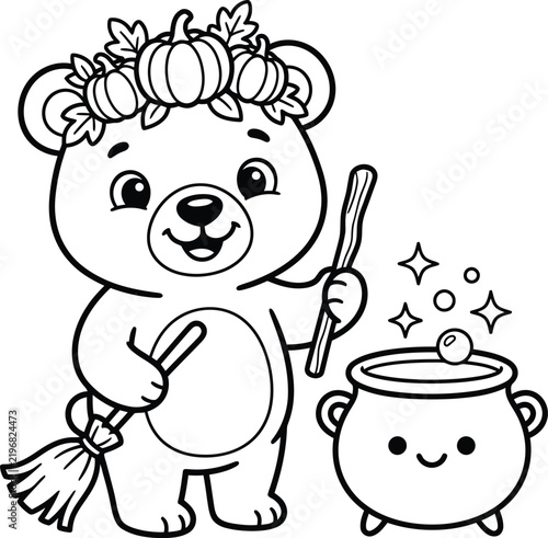 Cute Halloween bear coloring page, little cartoon teddy bear witch with magic cauldron and broomstick, black and white outline vector illustration