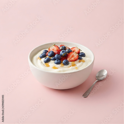 Photorealistic food advertising image of creamy Greek yogurt in an unbranded white bowl, surrounded by fresh blueberries, strawberries and a honey drizzle, bright pale pink studio background 