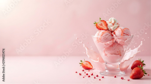 Photorealistic vertical advertising image of a scoop of strawberry ice cream in an unbranded clear dessert cup, fresh strawberries and a subtle pink splash effect, pastel pink studio background