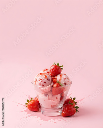Photorealistic vertical advertising image of a scoop of strawberry ice cream in an unbranded clear dessert cup, fresh strawberries and a subtle pink splash effect, pastel pink studio background