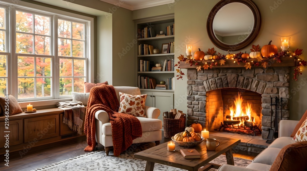 Fototapeta premium A cozy autumn living room scene with a glowing fireplace, pumpkin and candle mantel decorations, plush armchairs, knitted throws and a window view of colorful fall trees, evoking warmth and nostalgia.
