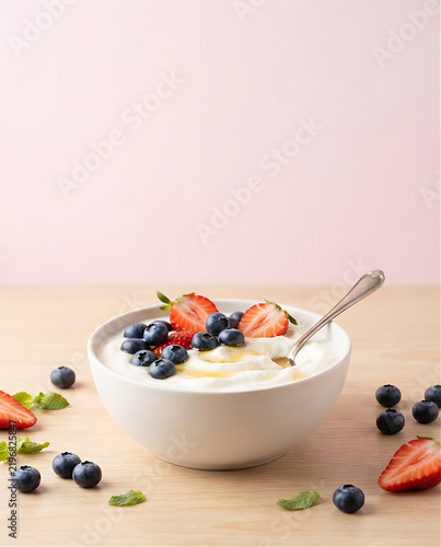 Photorealistic food advertising image of creamy Greek yogurt in an unbranded white bowl, surrounded by fresh blueberries, strawberries and a honey drizzle, bright pale pink studio background 