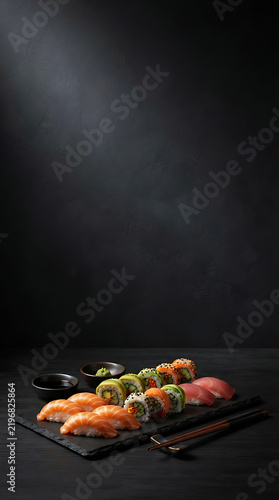 Photorealistic premium sushi advertising image of salmon nigiri and colorful vegetable rolls on a black slate plate, subtle chopsticks and a small soy dish, elegant charcoal background